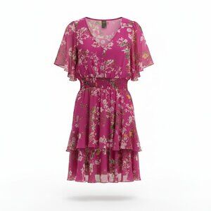 Taylor Fuchsia Floral Tiered Chiffon Boho Dress Ruffle Sleeves– Size 10